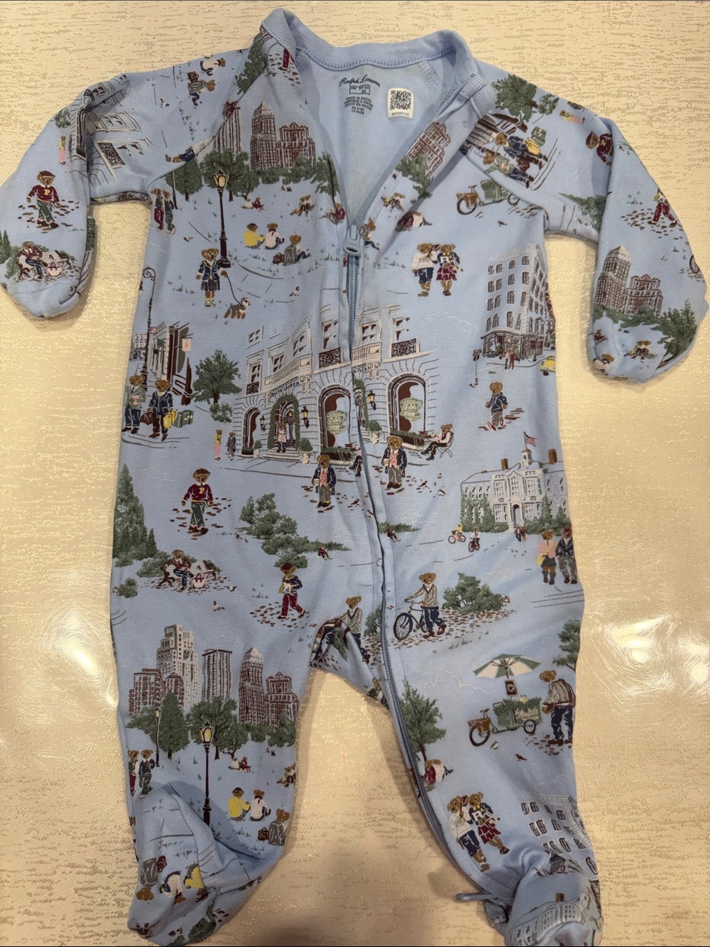 Polo Ralph Lauren Baby Zip Front One-Piece in Light Blue with City Print